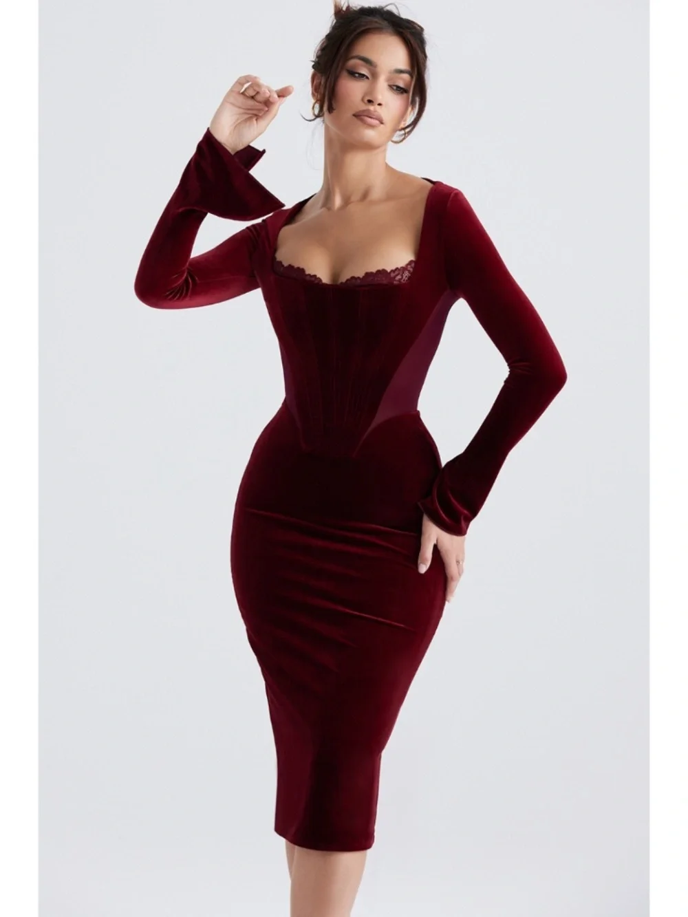 NEW House of CB Solaine Velvet Dress Wine Large
